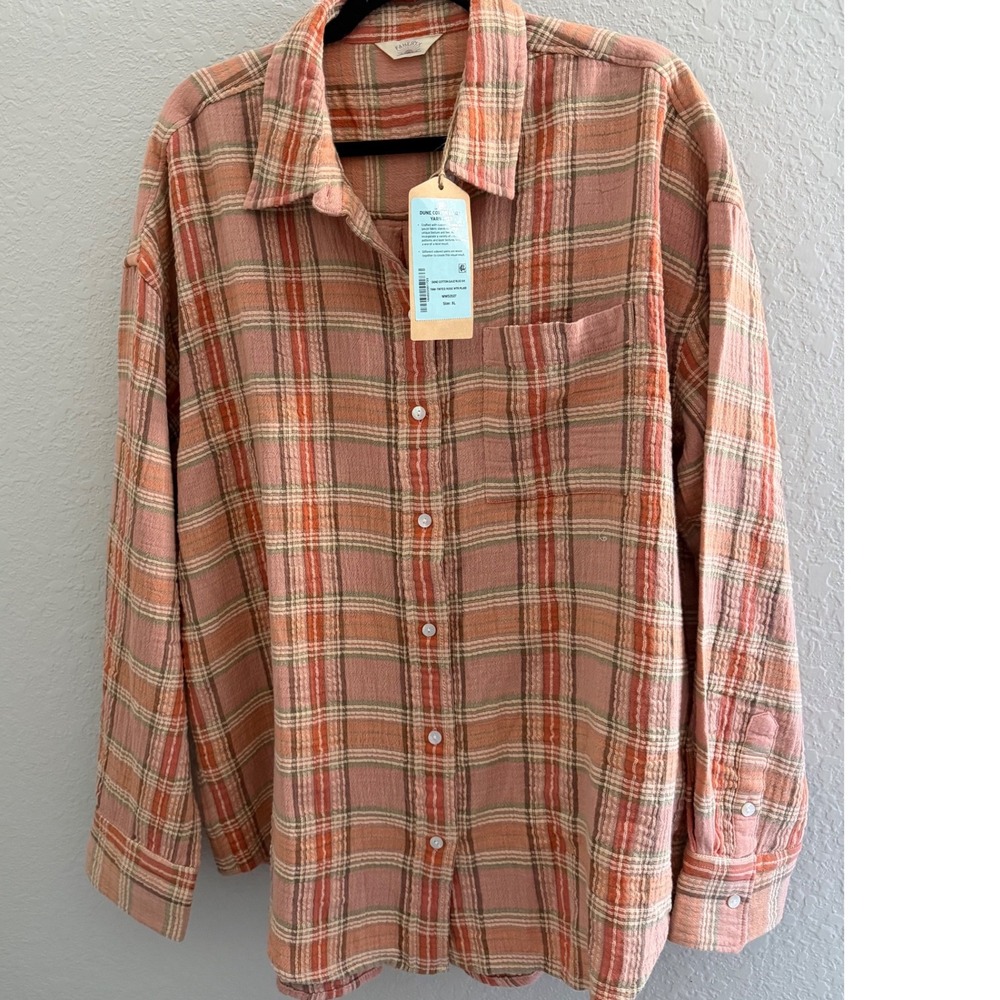 NWT Faherty Dune Cotton Gauze Relaxed Shirt XL Tinted Rose Water Plaid Crinkle